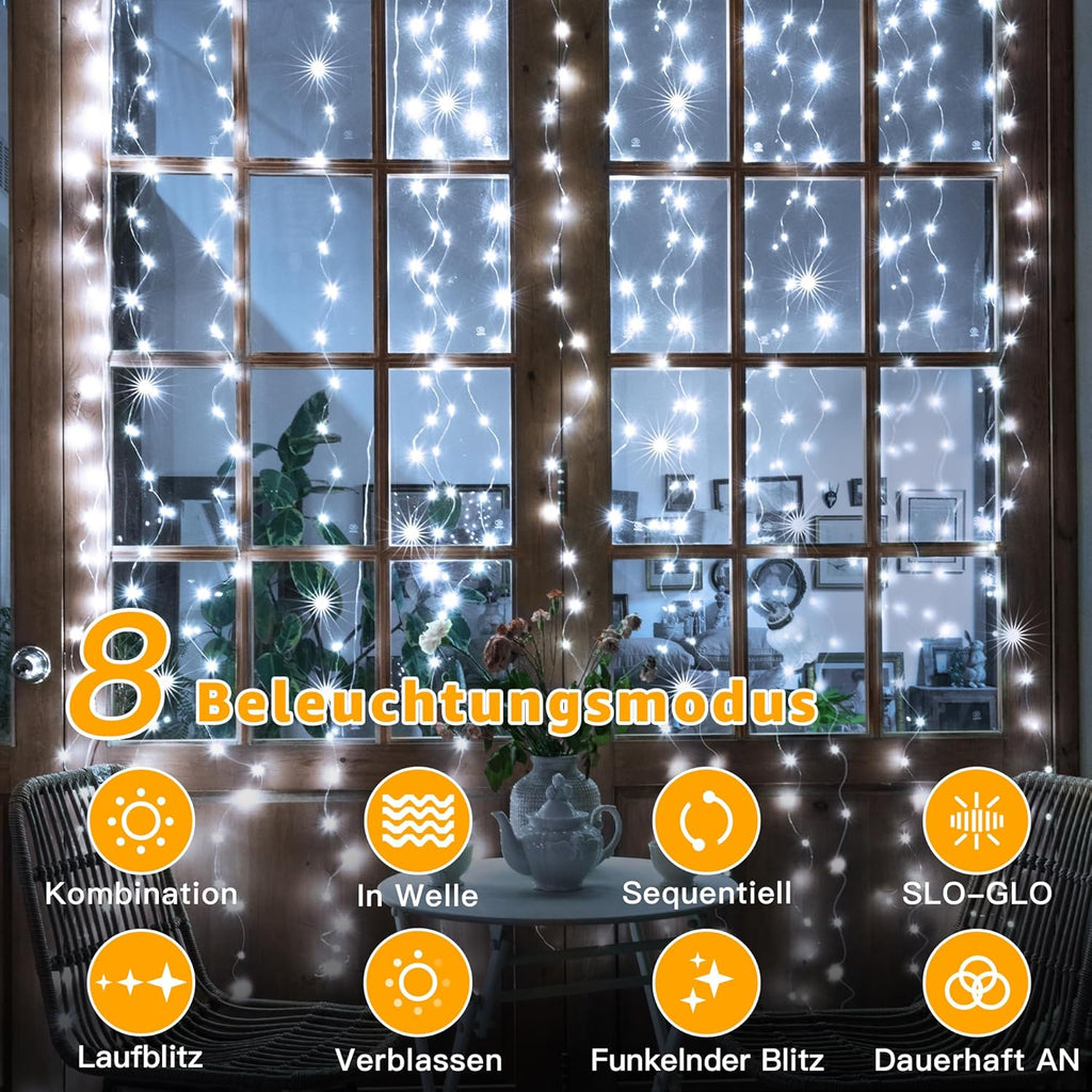 Ollny 200 LED 2m*2m USB Vorhang Lichterkette mit Haken Kaltweiß