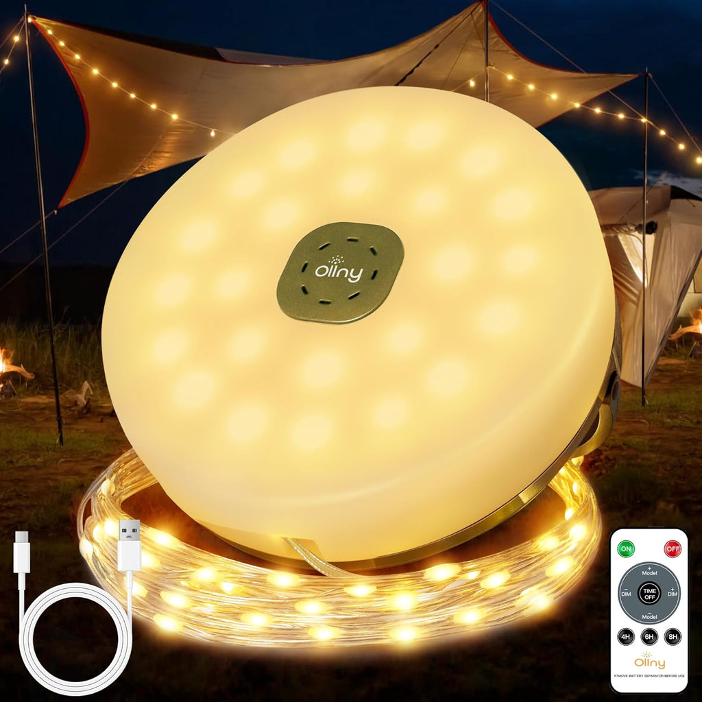 Ollny 10M Camping Lichterkette Aufrollbar (USB, 8 Beleuchtungsmodi, Timer Dimmbar, IP44 Wasserdichte)