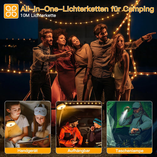 Ollny 10M Camping Lichterkette Aufrollbar (USB, 8 Beleuchtungsmodi, Timer Dimmbar, IP44 Wasserdichte)