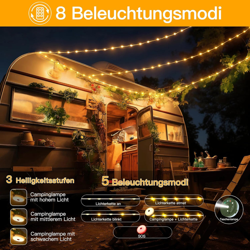 Ollny 10M Camping Lichterkette Aufrollbar (USB, 8 Beleuchtungsmodi, Timer Dimmbar, IP44 Wasserdichte)
