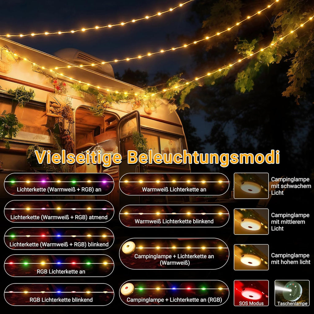 Ollny Camping Lichterkette Warmweiß Bunt Lichterkette (USB, 9 Beleuchtungsmodi, IP44 Wasserdichte)