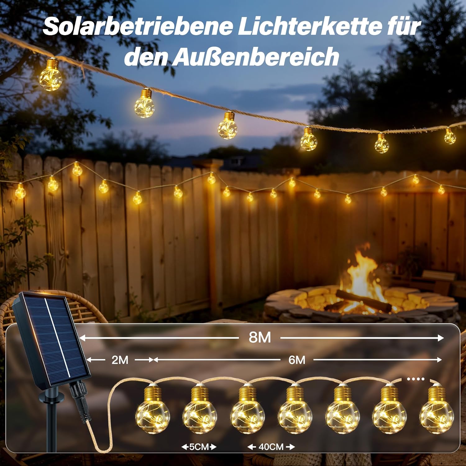 Ollny G50 Solar Lichterkette Aussen für Garten, Balkon Deko (Warmweiß, 8 Modi, Timer Dimmbar, IP45 Wasserdichte)