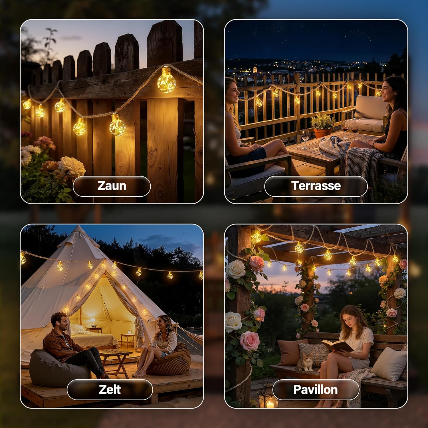 Ollny G50 Solar Lichterkette Aussen für Garten, Balkon Deko (Warmweiß, 8 Modi, Timer Dimmbar, IP45 Wasserdichte)