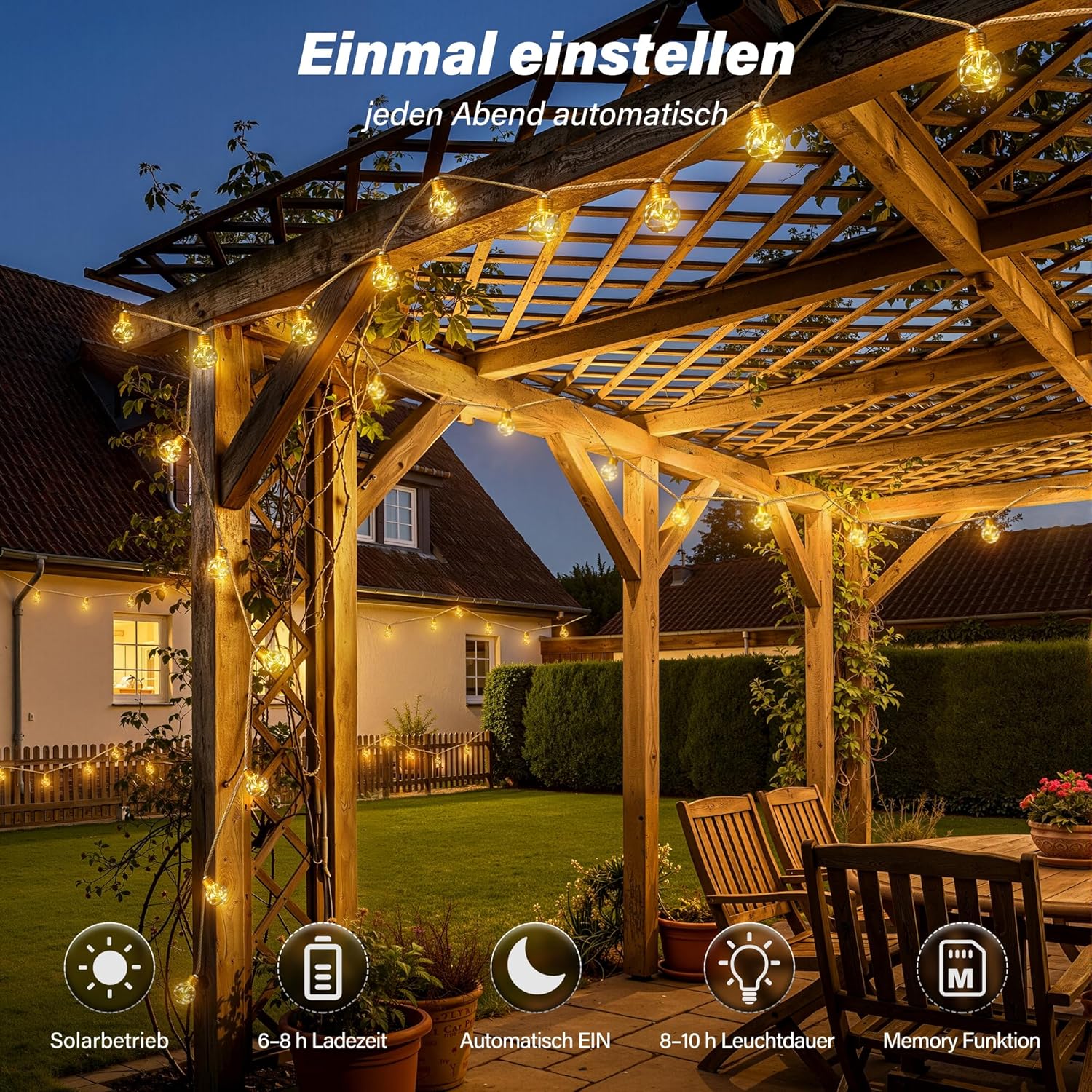 Ollny G50 Solar Lichterkette Aussen für Garten, Balkon Deko (Warmweiß, 8 Modi, Timer Dimmbar, IP45 Wasserdichte)
