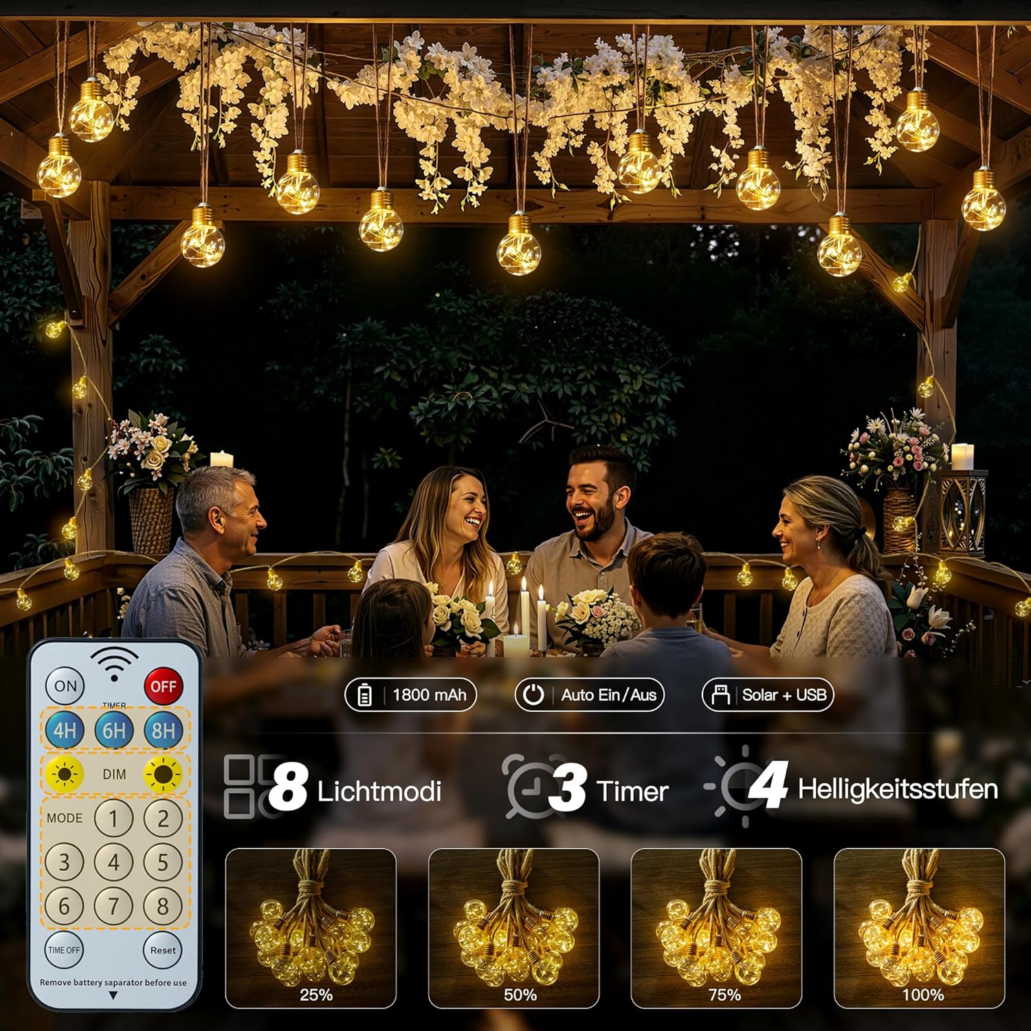 Ollny G50 Solar Lichterkette Aussen für Garten, Balkon Deko (Warmweiß, 8 Modi, Timer Dimmbar, IP45 Wasserdichte)