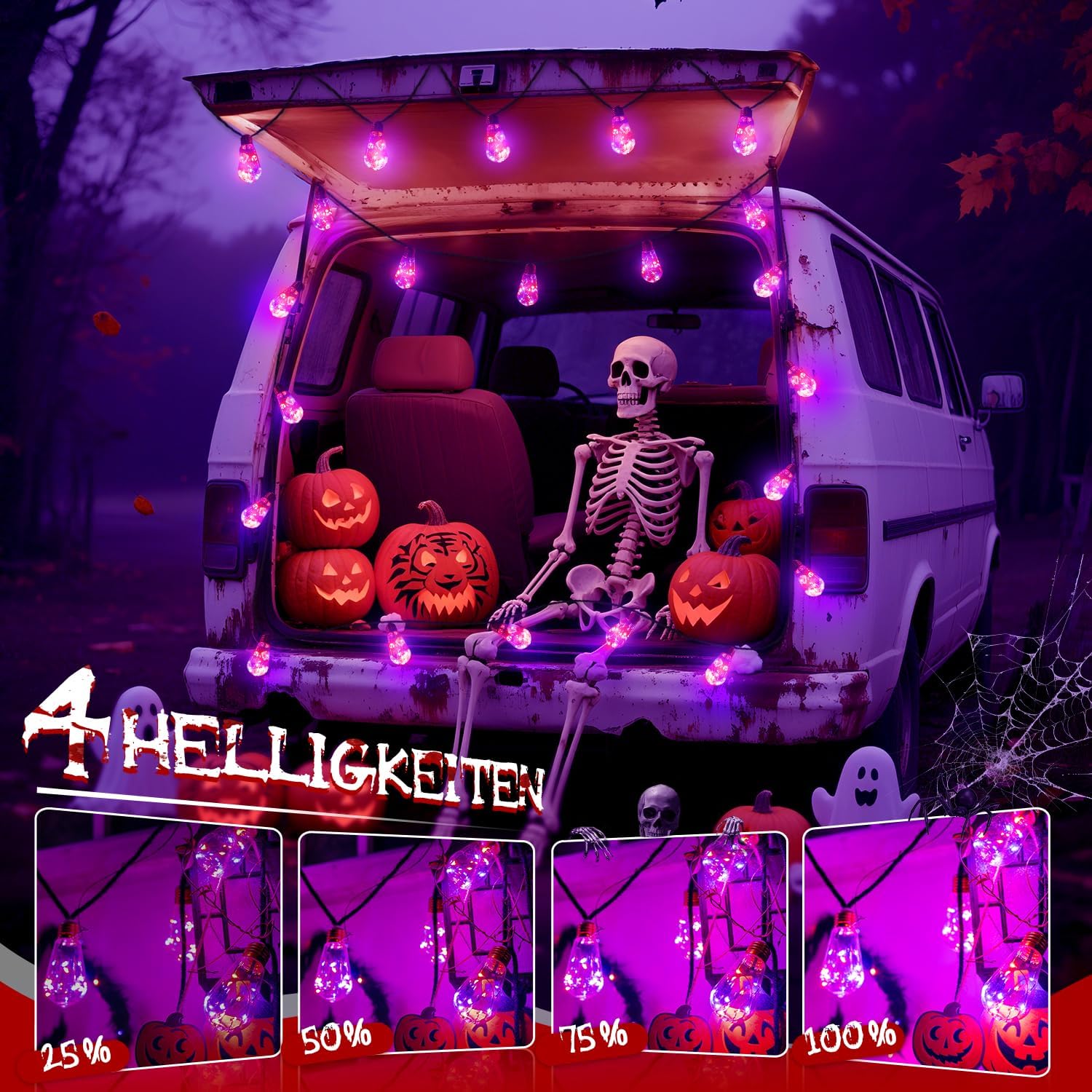 Ollny S17 Halloween-Lichterkette für den Außenbereich, lila und orange (IP45 wasserdicht, 8 Modi, Steckeranschluss)