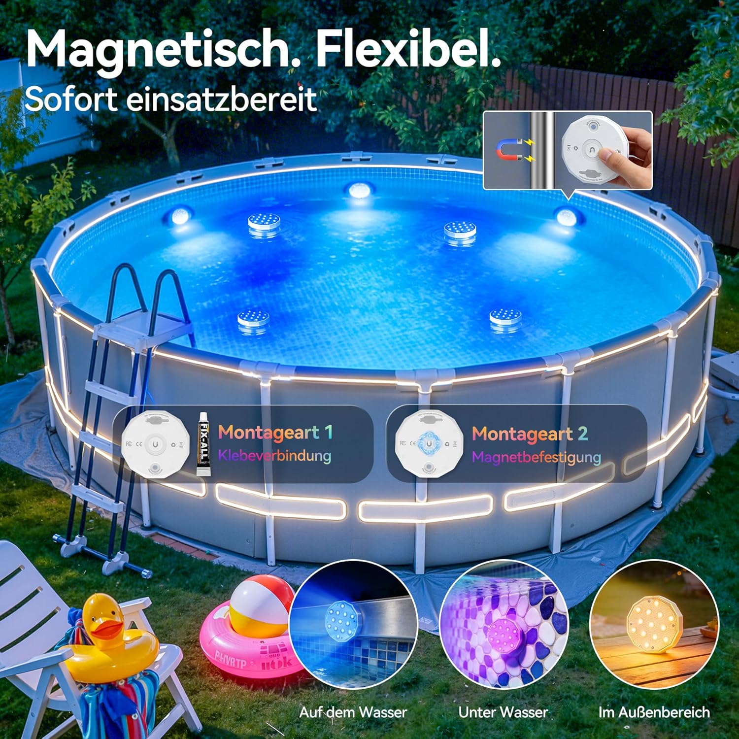 Ollny LED-Poolleuchten für Pool, Teich, Whirlpool, Springbrunnen, Aquarium (wiederaufladbar, 16 Farben, IP67 wasserdicht)