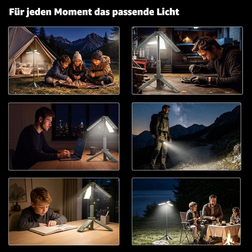 Ollny Teleskop Campinglampe Aufladbar mit Akku und Stativ (USB Powerbank, 3 Lichtfarben & Dimmbar, IP44 Wasserdichte)