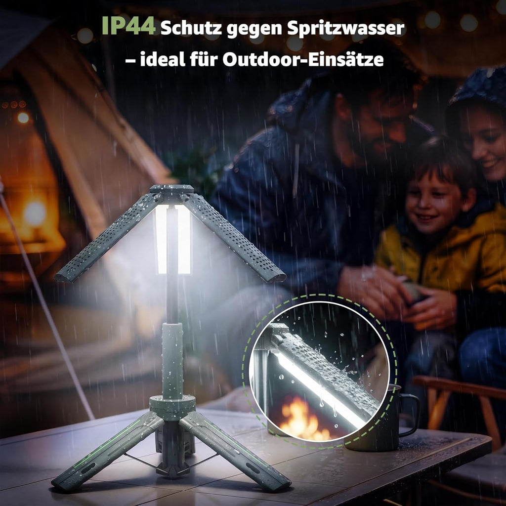 Ollny Teleskop Campinglampe Aufladbar mit Akku und Stativ (USB Powerbank, 3 Lichtfarben & Dimmbar, IP44 Wasserdichte)