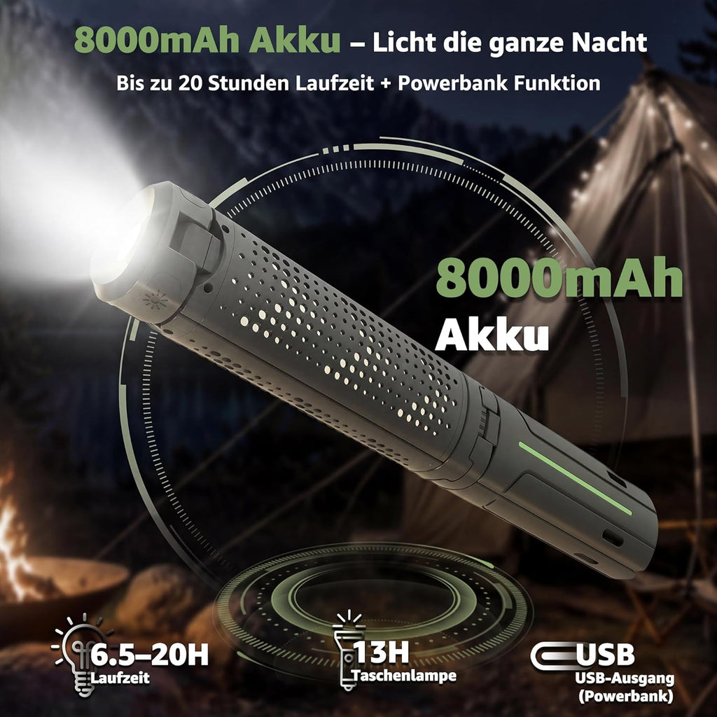 Ollny Teleskop Campinglampe Aufladbar mit Akku und Stativ (USB Powerbank, 3 Lichtfarben & Dimmbar, IP44 Wasserdichte)