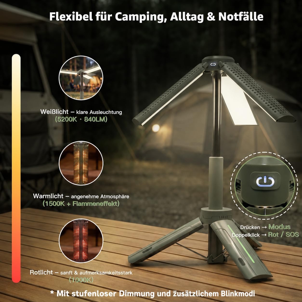 Ollny Teleskop Campinglampe Aufladbar mit Akku und Stativ (USB Powerbank, 3 Lichtfarben & Dimmbar, IP44 Wasserdichte)