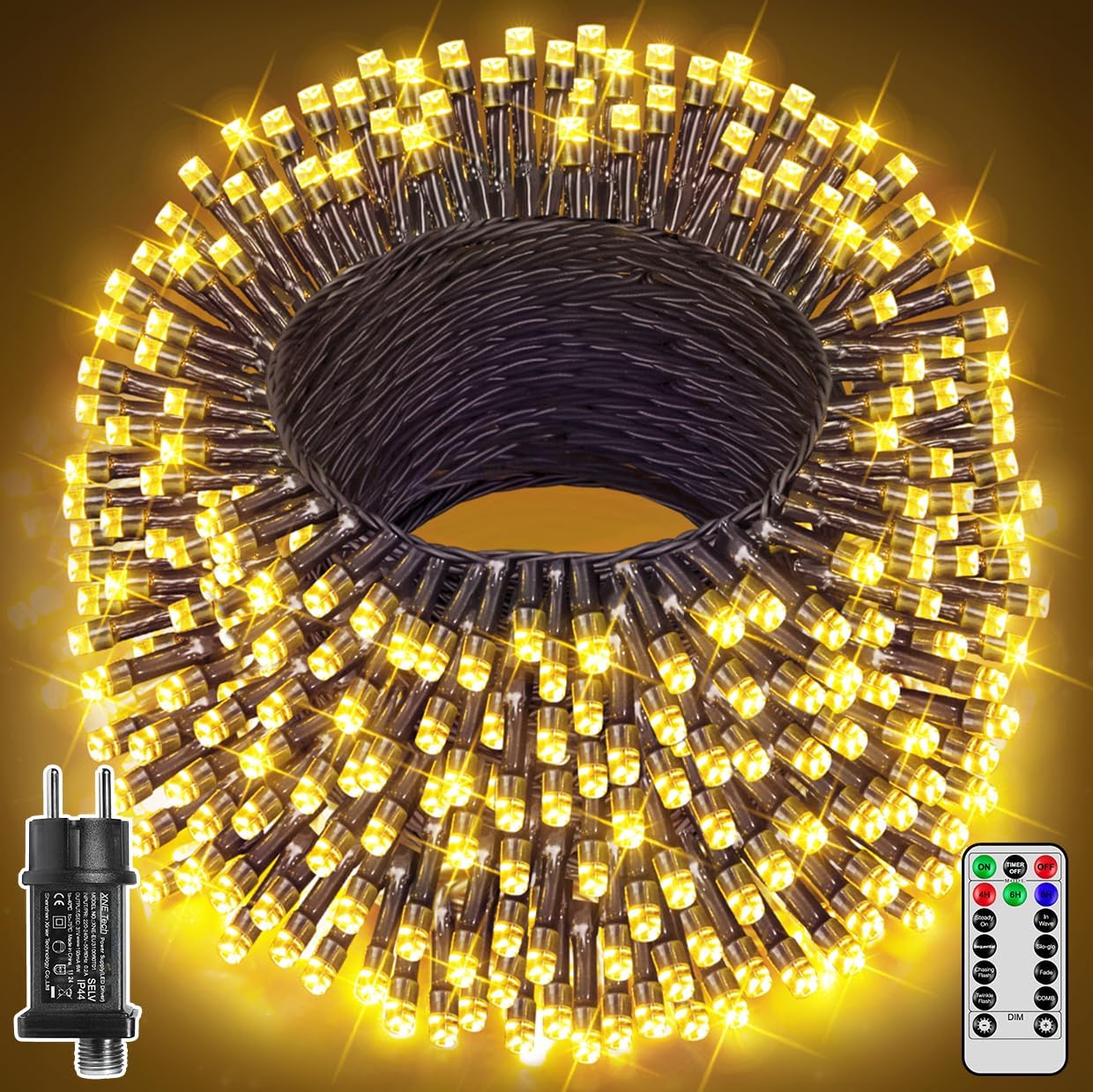 Ollny 600 LEDs 60m Lichterkette für den Garten (Warmweiß, grünes Kabel, Steckeranschluss, 8 Modi)
