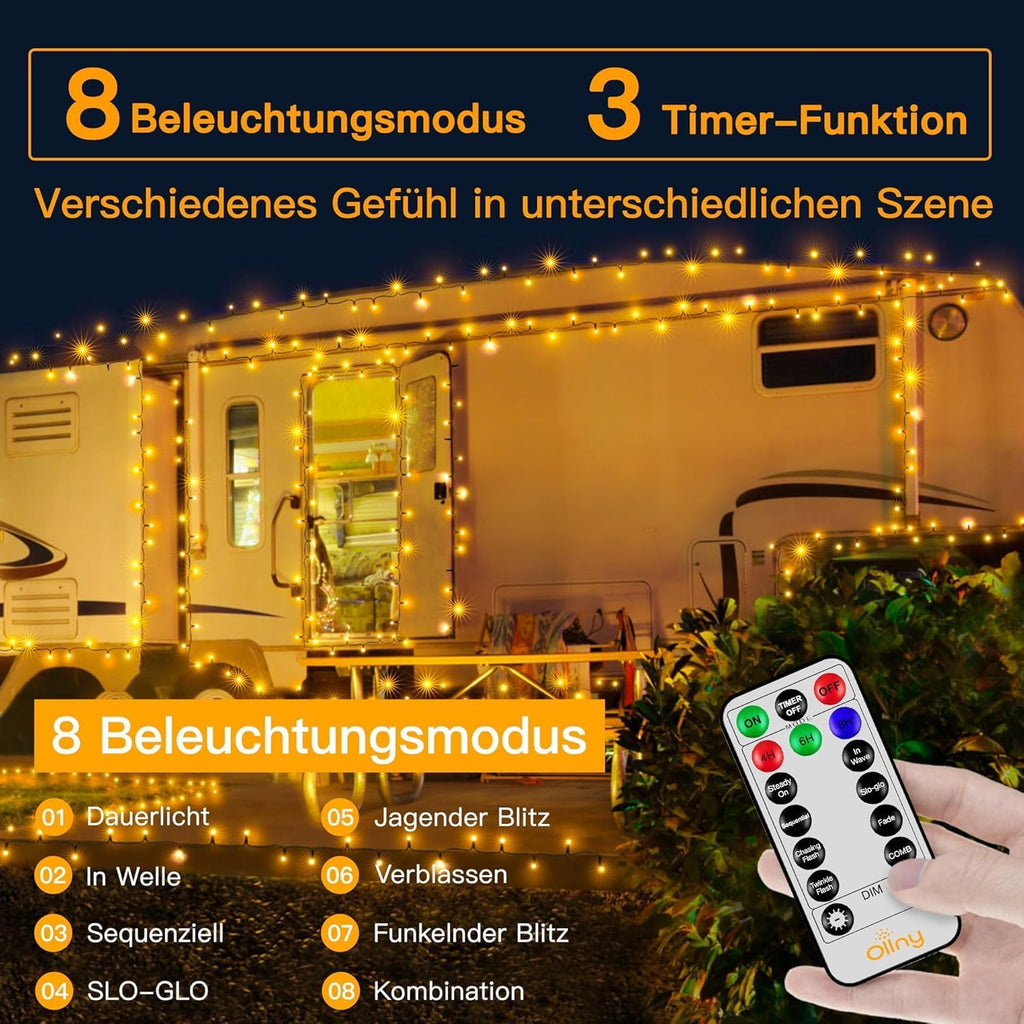 Ollny 600 LEDs 60m Lichterkette für den Garten (Warmweiß, grünes Kabel, Steckeranschluss, 8 Modi)