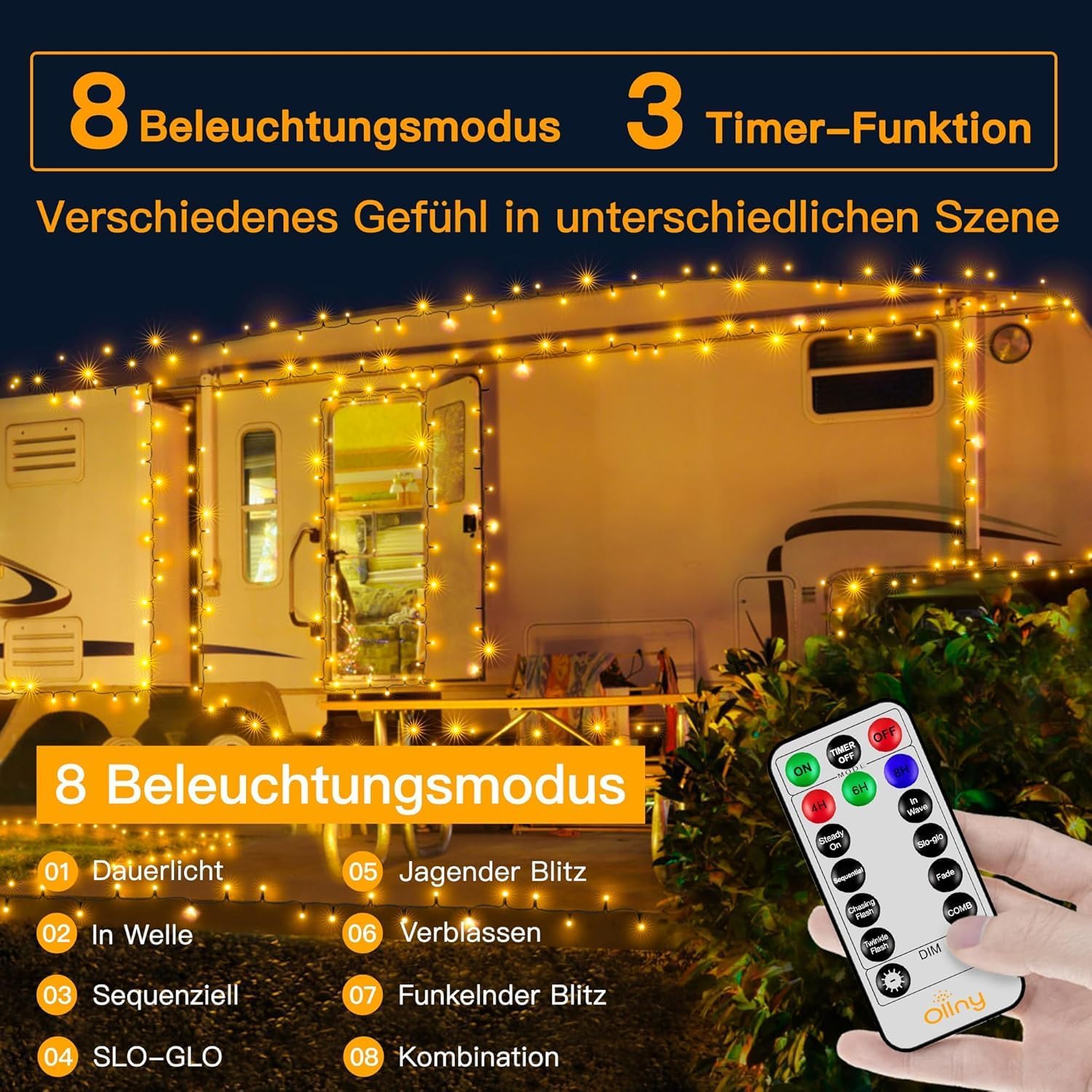 Ollny 600 LEDs 60m Lichterkette für den Garten (Warmweiß, grünes Kabel, Steckeranschluss, 8 Modi)