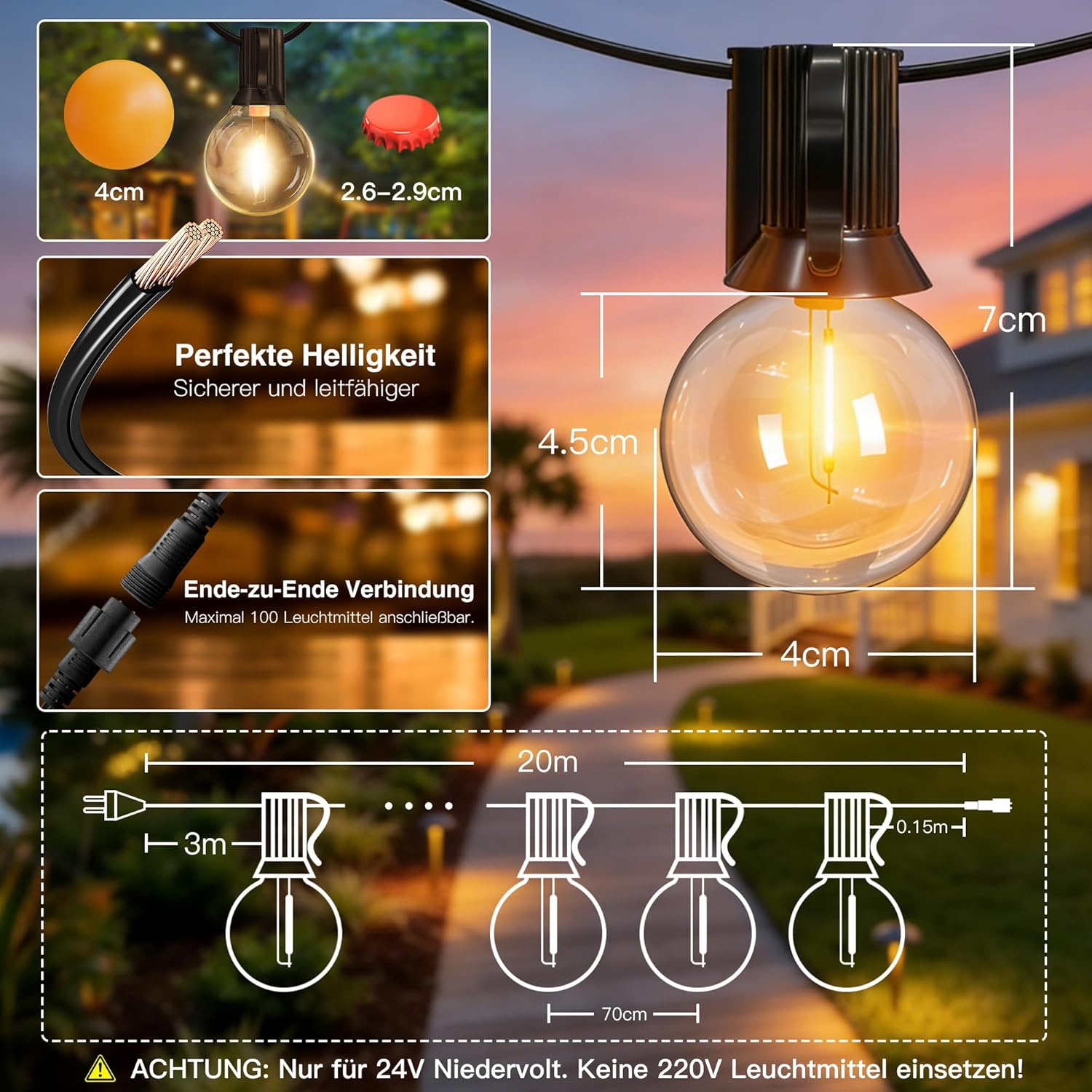 Ollny G40 Glühbirnen LED Lichterkette außen (Warmweiß, 3 Beleuchtungsmodi, Timer Dimmbar, IP45 Wasserdichte)