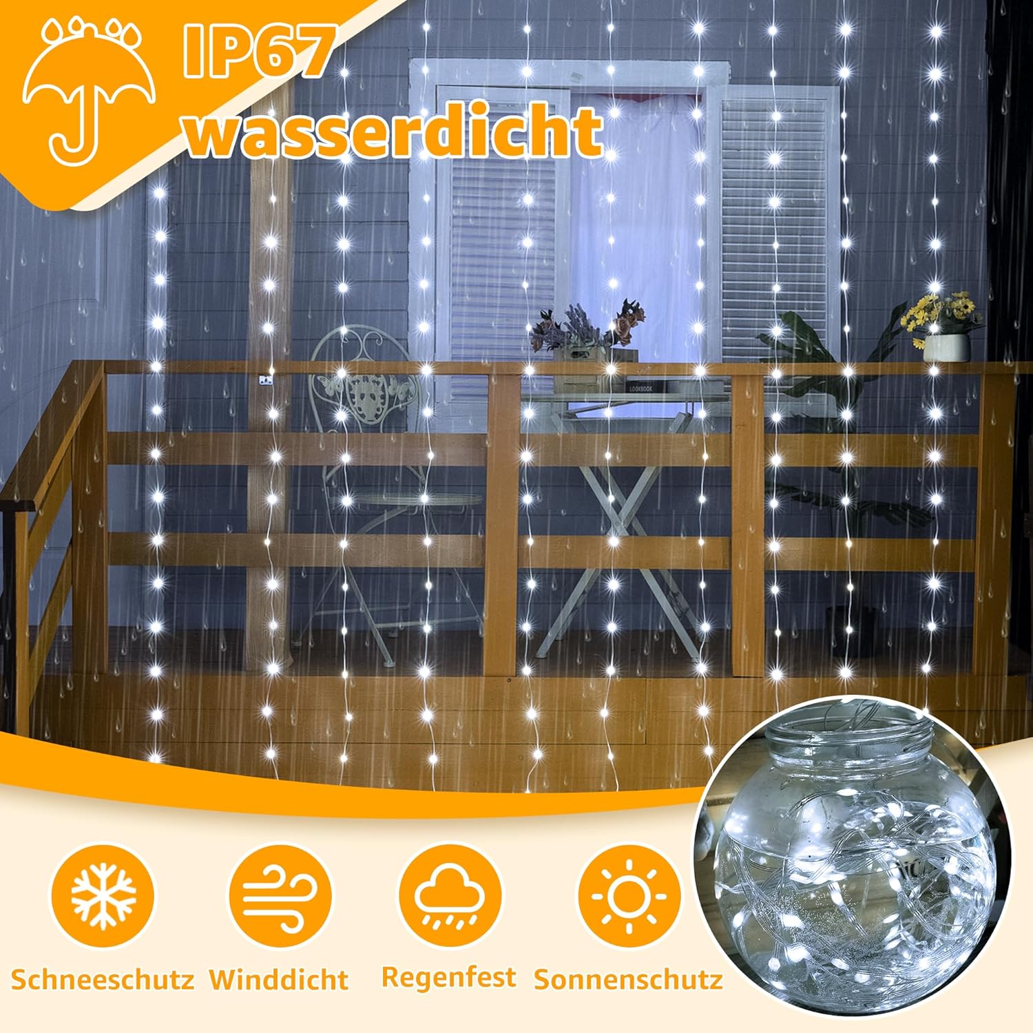 Ollny 300 LEDs 3m*3m Vorhangleuchten für den Außenbereich (anschließbar, IP67 wasserdicht, Kaltweiß, 8 Modi)