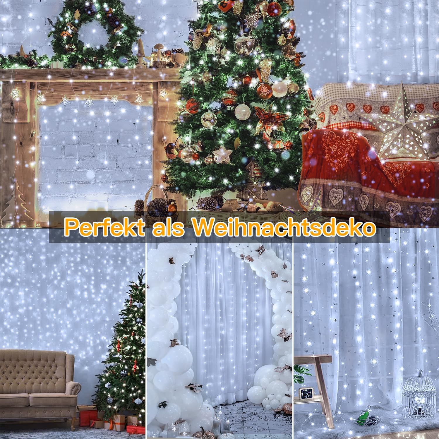 Ollny 200 LED 2m*2m USB Vorhang Lichterkette mit Haken Kaltweiß