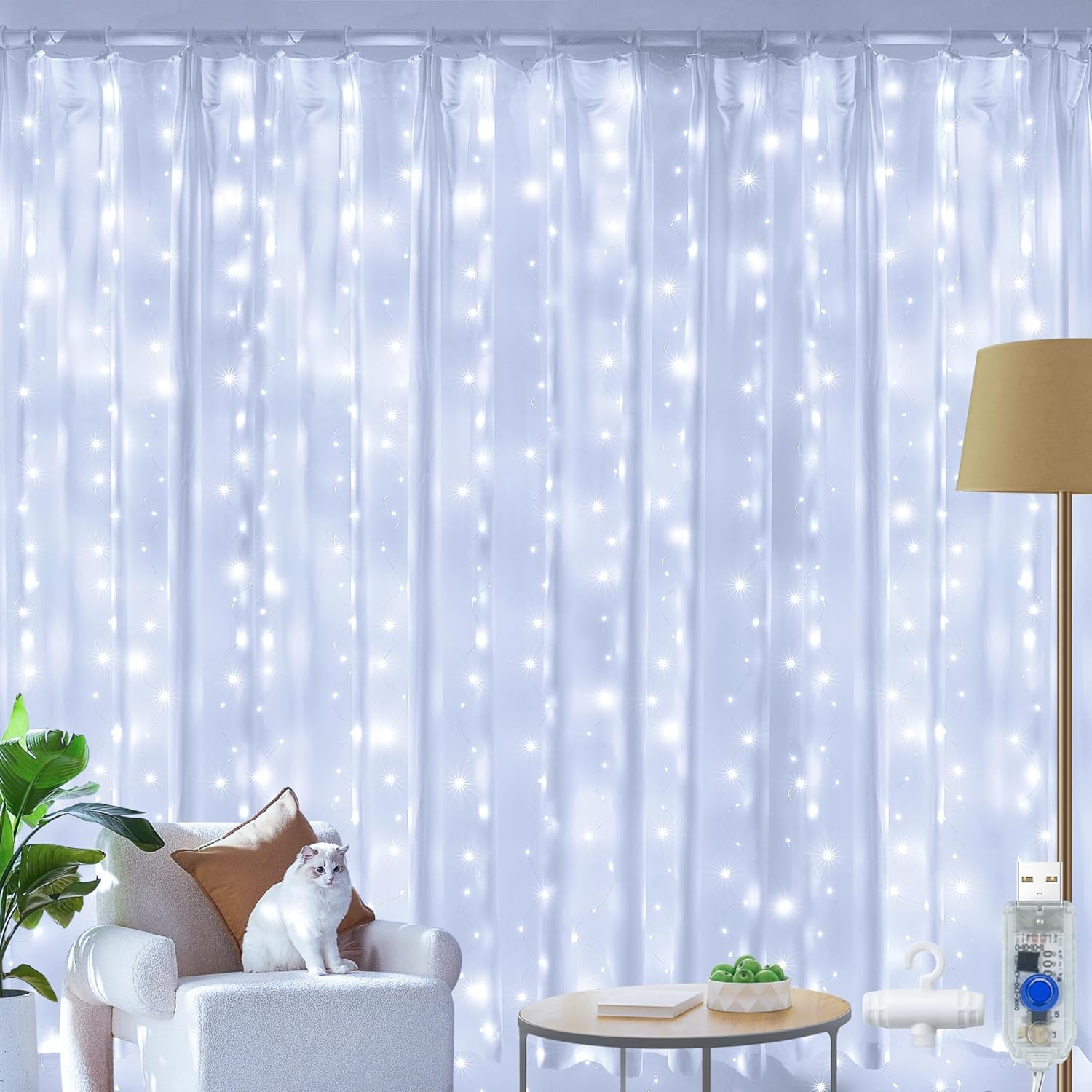 Ollny 200 LED 2m*2m USB Vorhang Lichterkette mit Haken Kaltweiß