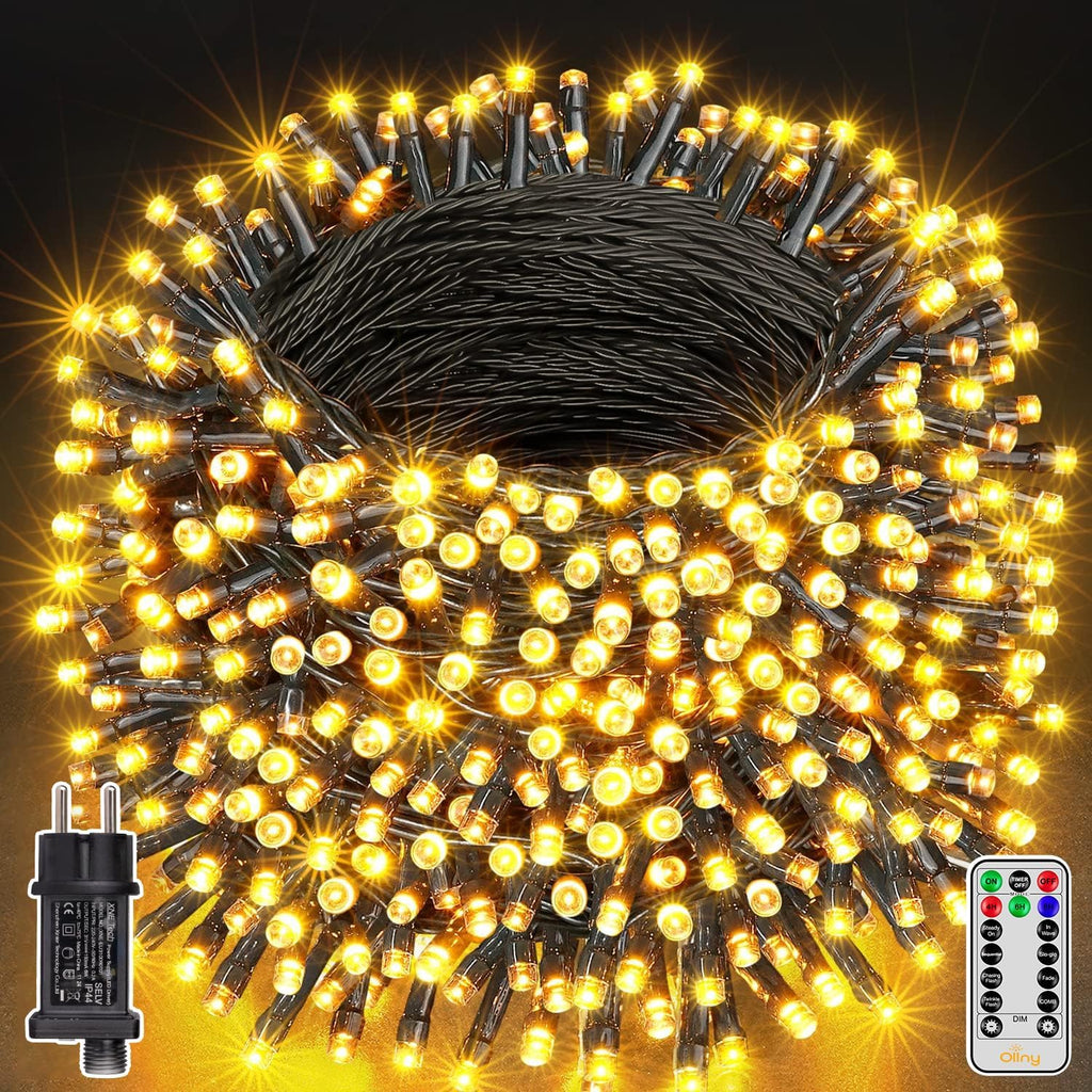 Ollny 1000 LEDs 100m Lichterkette für den Garten (Warmweiß, grünes Kabel, Steckeranschluss, 8 Modi)