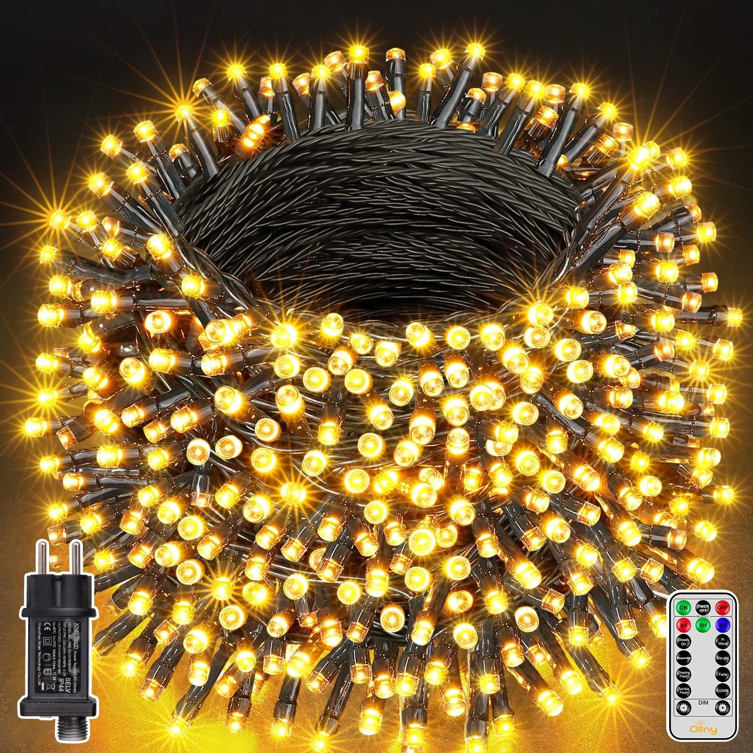 Ollny 1000 LEDs 100m Lichterkette für den Garten (Warmweiß, grünes Kabel, Steckeranschluss, 8 Modi)