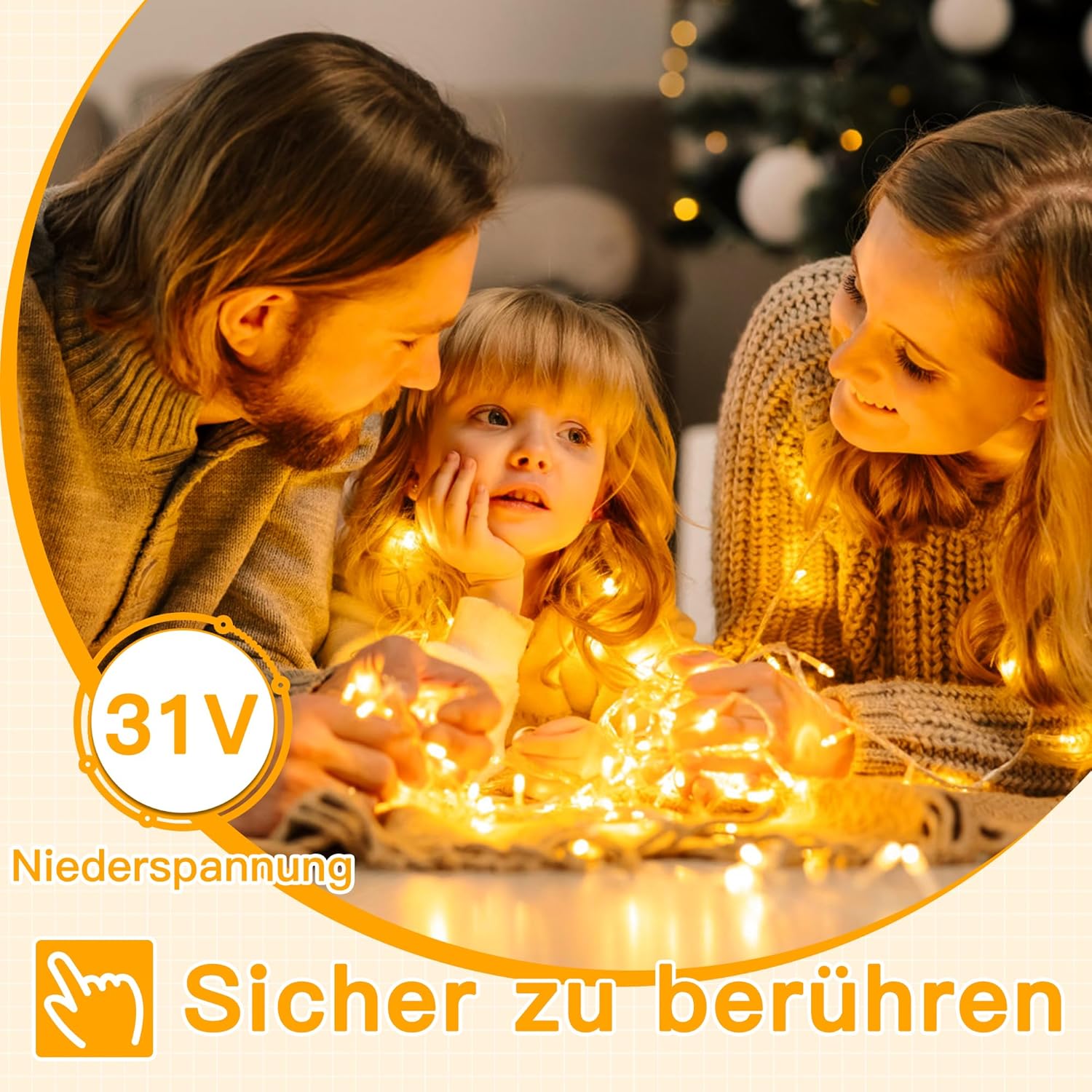 Ollny 100 LED 10m Warmweiße Lichterkette für Weihnachten (Transparentes Kabel, Steckeranschluss, 8 Modi)