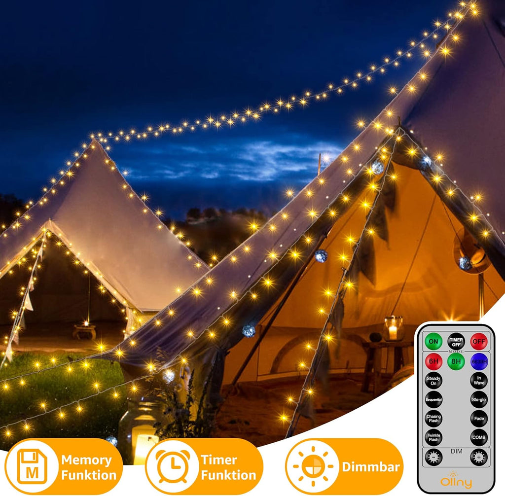Ollny 400 LED 40m Warmweiße Lichterkette für Weihnachten (Transparentes Kabel, Steckeranschluss, 8 Modi)