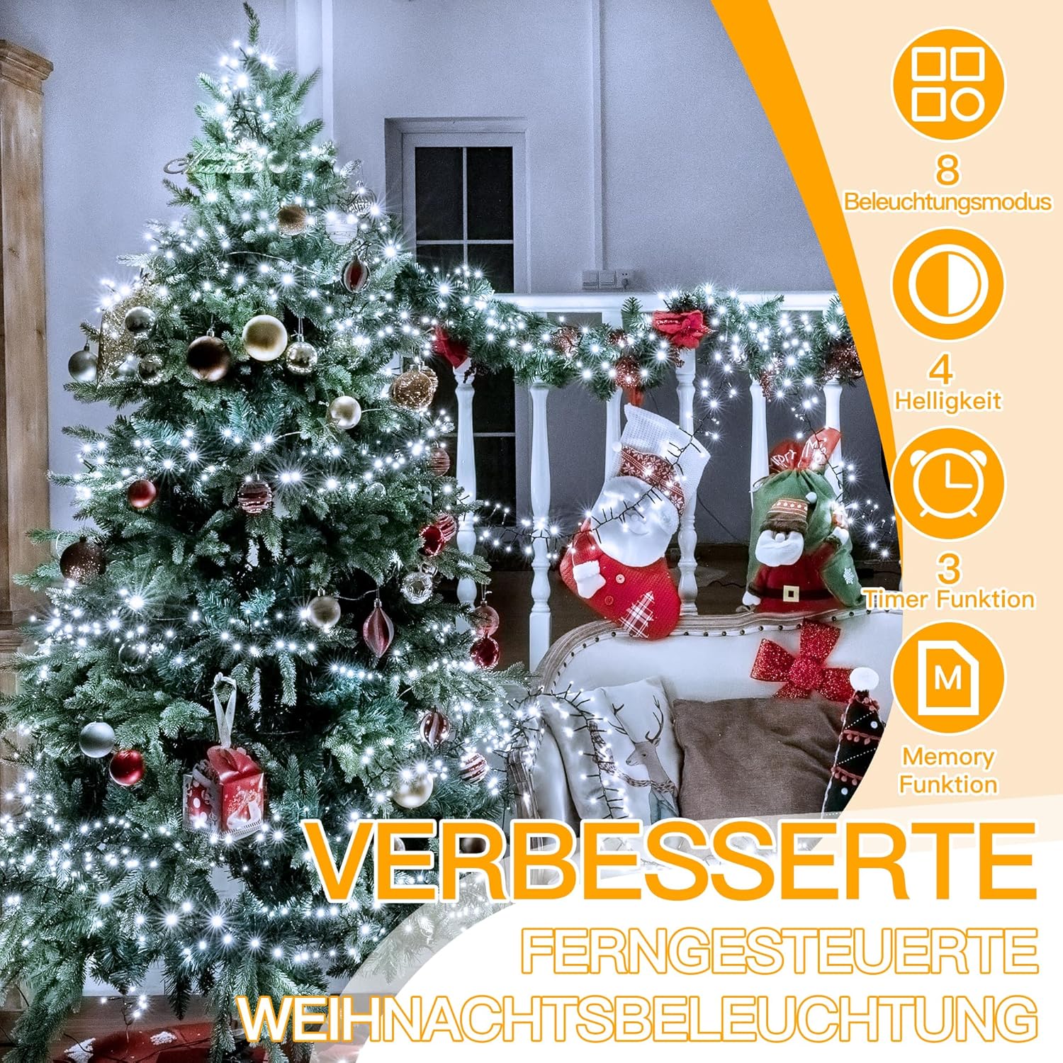 Ollny 15m 1000 LEDs Lichterkette außen (kaltweiß, 8 Modi, Timer, IP44 Wasserdichte)
