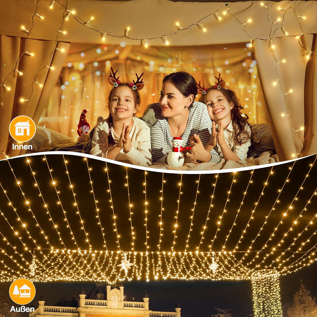 Ollny 800 LEDs 80m Lichterkette für Weihnachten (Warmweiß, Transparentes Kabel, Steckeranschluss, 8 Modi)