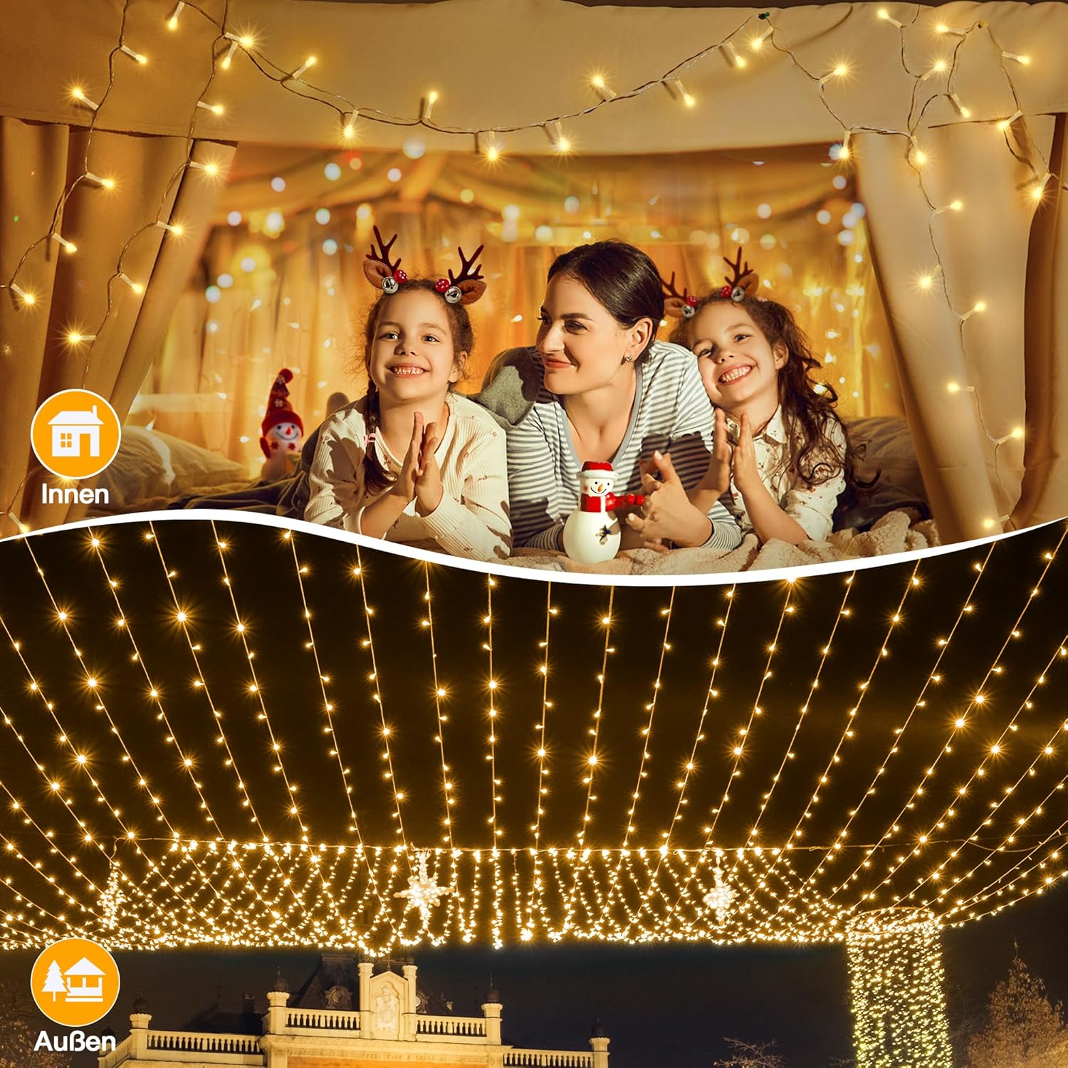 Ollny 800 LEDs 80m Lichterkette für Weihnachten (Warmweiß, Transparentes Kabel, Steckeranschluss, 8 Modi)