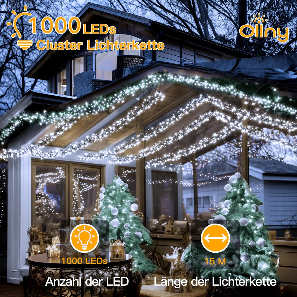 Ollny 15m 1000 LEDs Lichterkette außen (kaltweiß, 8 Modi, Timer, IP44 Wasserdichte)