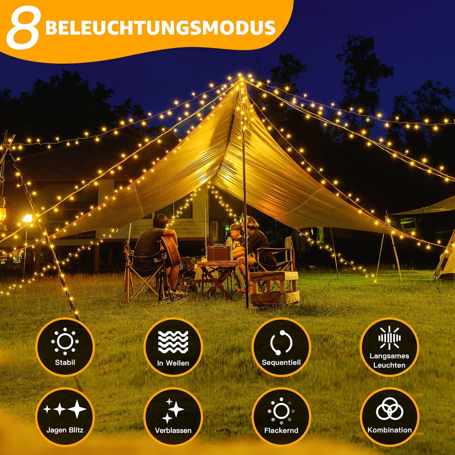 Ollny 400 LED 40m Warmweiße Lichterkette für Weihnachten (Transparentes Kabel, Steckeranschluss, 8 Modi)