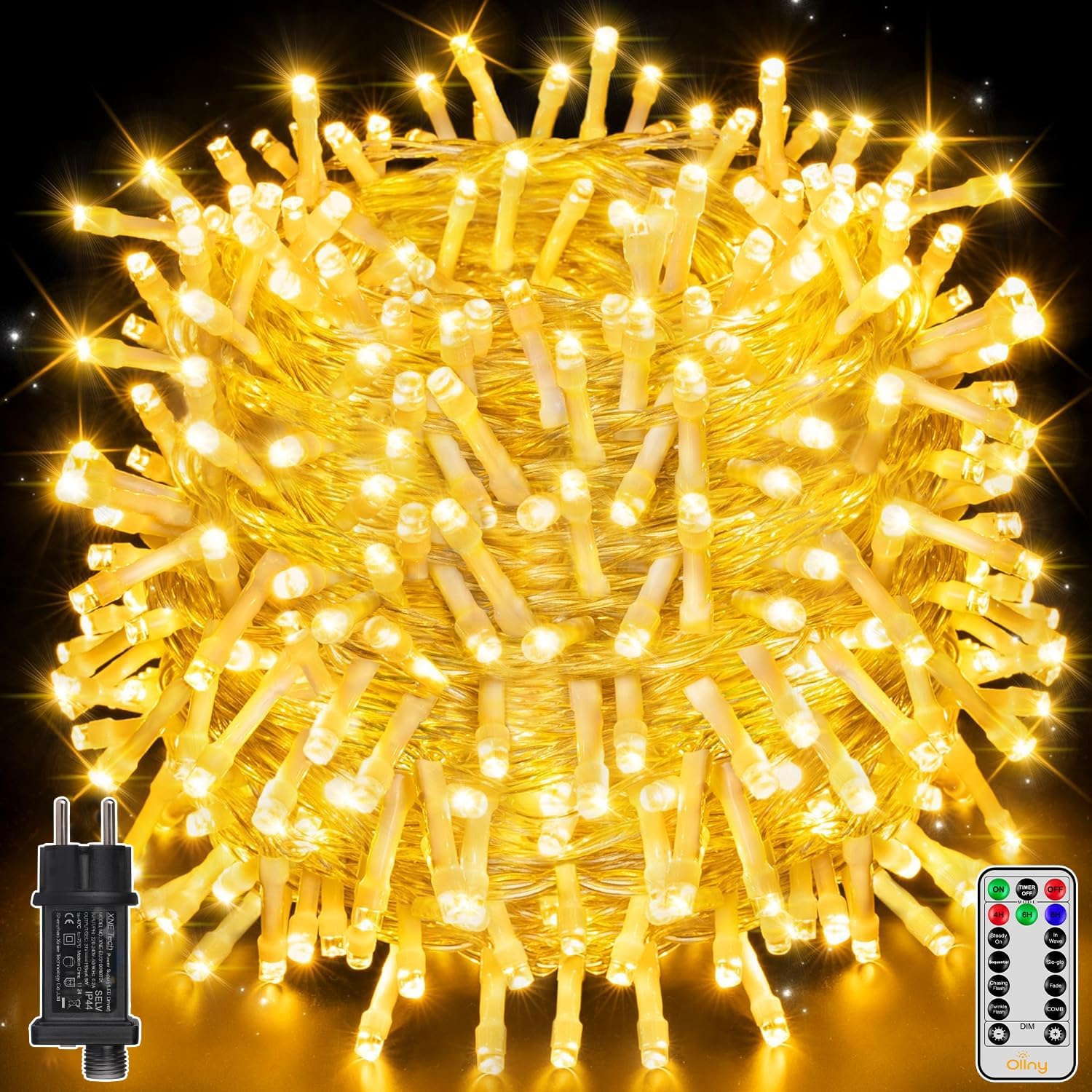Ollny 800 LEDs 80m Lichterkette für Weihnachten (Warmweiß, Transparentes Kabel, Steckeranschluss, 8 Modi)