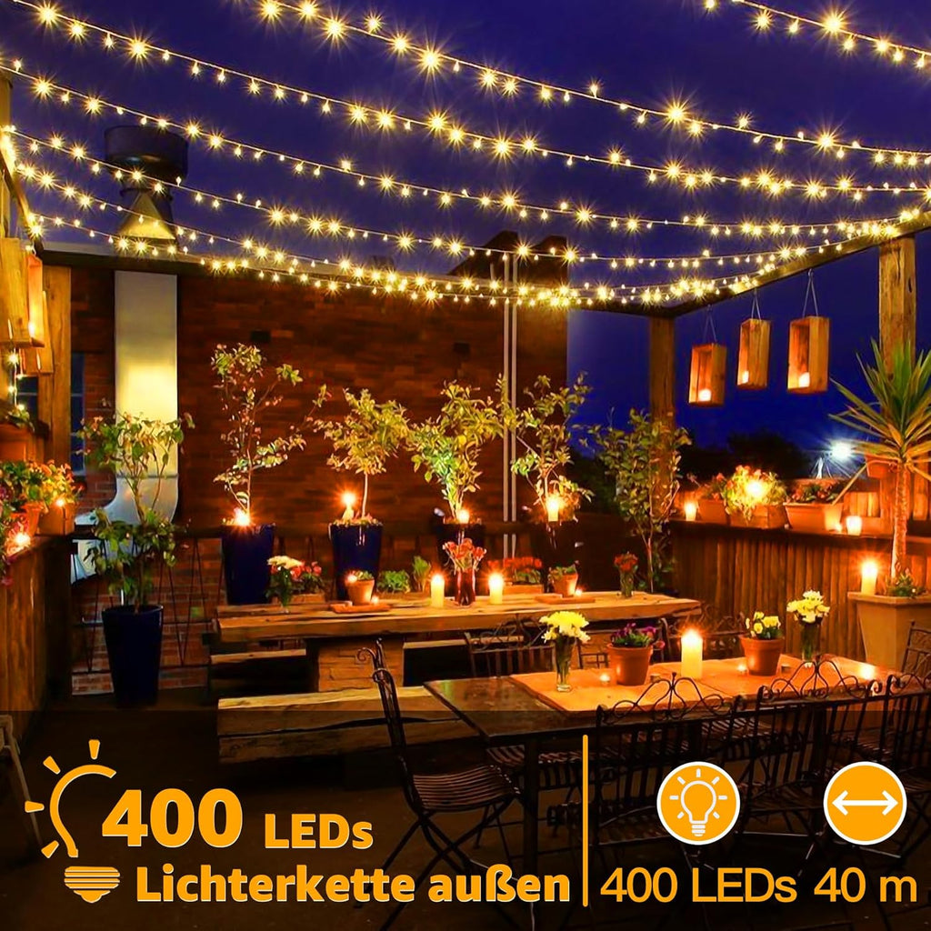 Ollny 400 LED 40m Warmweiße Lichterkette für Weihnachten (Transparentes Kabel, Steckeranschluss, 8 Modi)