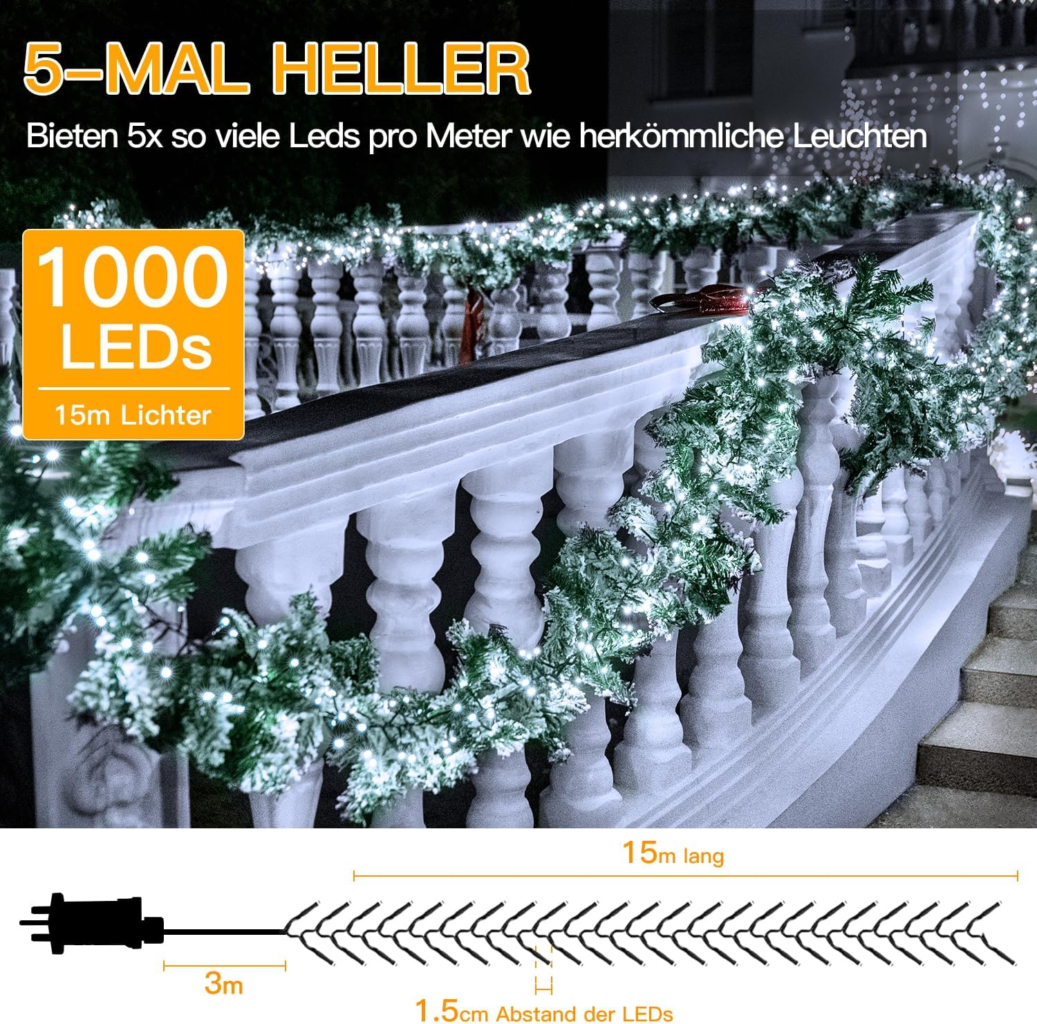 Ollny 15m 1000 LEDs Lichterkette außen (kaltweiß, 8 Modi, Timer, IP44 Wasserdichte)
