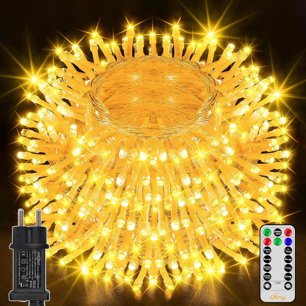 Ollny 400 LED 40m Warmweiße Lichterkette für Weihnachten (Transparentes Kabel, Steckeranschluss, 8 Modi)