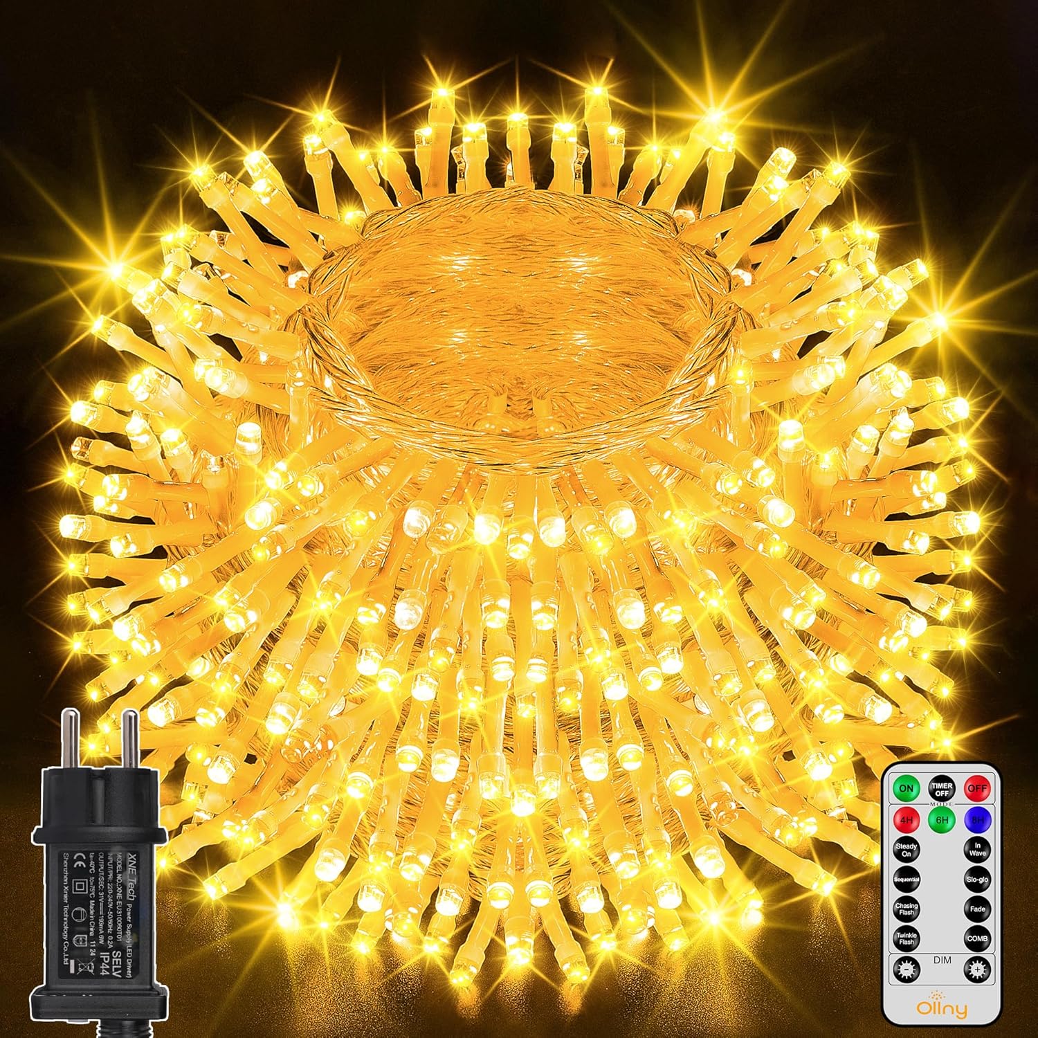 Ollny 400 LED 40m Warmweiße Lichterkette für Weihnachten (Transparentes Kabel, Steckeranschluss, 8 Modi)