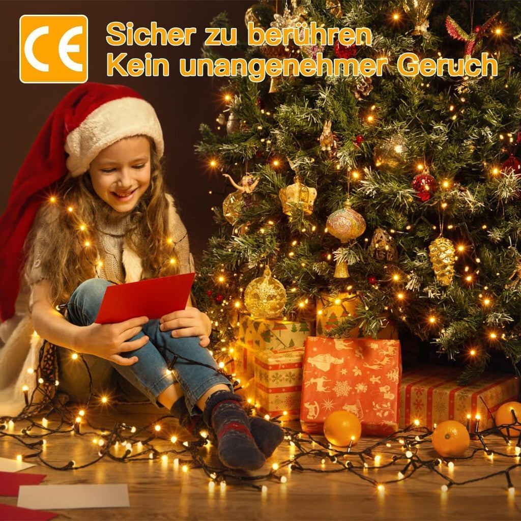 Ollny 200 LEDs 20m Lichterkette für den Garten (Warmweiß, grünes Kabel, Steckeranschluss, 8 Modi)