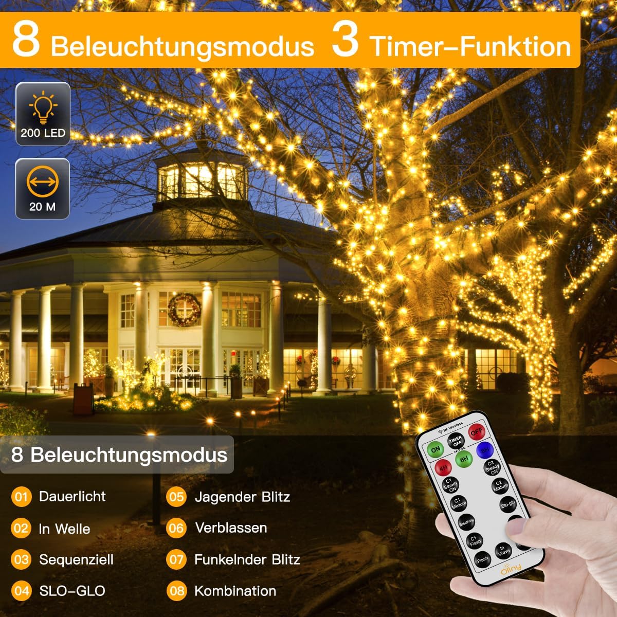 Ollny 200 LEDs 20m Lichterkette für den Garten (Warmweiß, grünes Kabel, Steckeranschluss, 8 Modi)