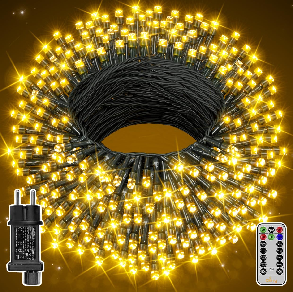 Ollny 200 LEDs 20m Lichterkette für den Garten (Warmweiß, grünes Kabel, Steckeranschluss, 8 Modi)