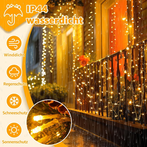 Ollny 1000 LEDs 100m Lichterkette für den Außenbereich (Warmweiß, Transparentes Kabel, Steckeranschluss, 8 Modi)