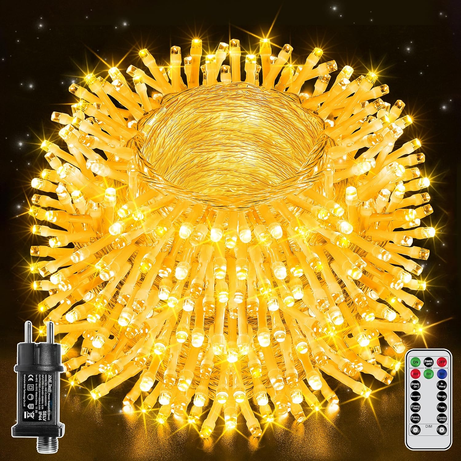 Ollny 1000 LEDs 100m Lichterkette für den Außenbereich (Warmweiß, Transparentes Kabel, Steckeranschluss, 8 Modi)