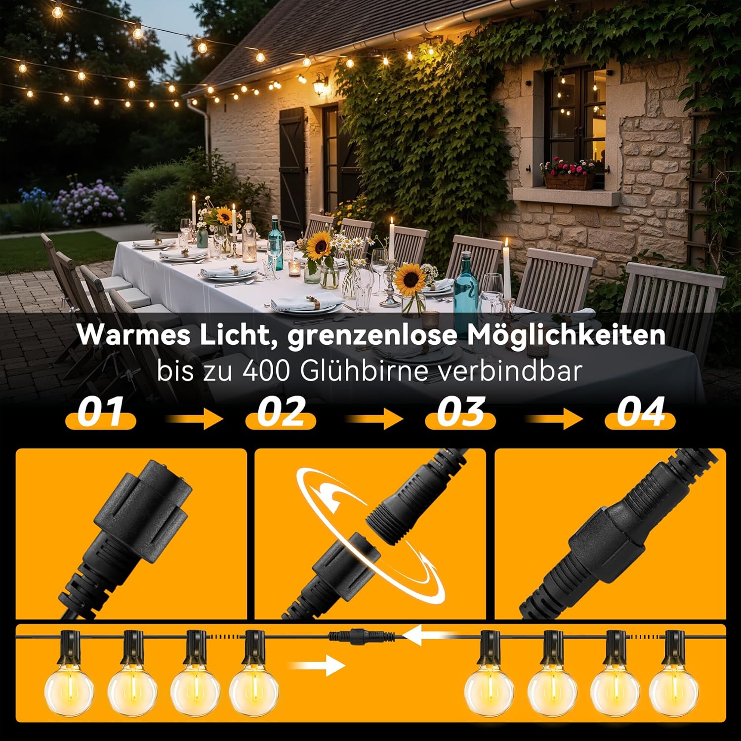 Ollny G40 Lichterkette für den Außenbereich, geeignet für Lichterketten, Garten, Balkon, Pavillon, Pergola (verbindbar, IP45 wasserdicht, 2700k)