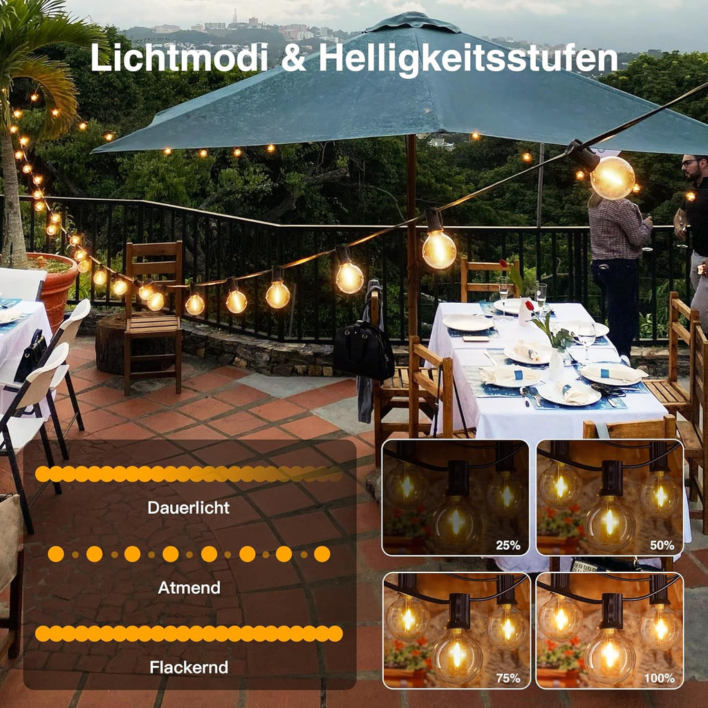 Ollny G40 Lichterkette für den Außenbereich, 10 m (15+1 Glühbirnen, verbindbar, IP45 wasserdicht, 2700 K)