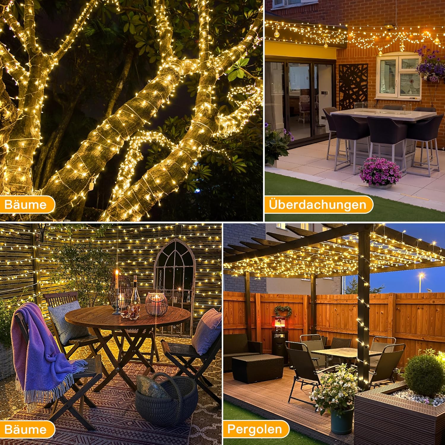 Ollny 1000 LEDs 100m Lichterkette für den Außenbereich (Warmweiß, Transparentes Kabel, Steckeranschluss, 8 Modi)