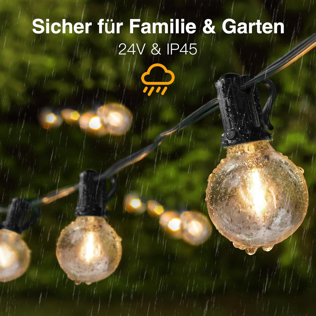 Ollny G40 Lichterkette für den Außenbereich, 10 m (15+1 Glühbirnen, verbindbar, IP45 wasserdicht, 2700 K)