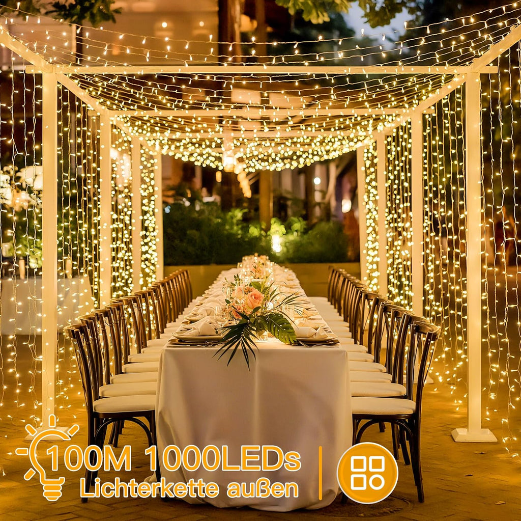Ollny 1000 LEDs 100m Lichterkette für den Außenbereich (Warmweiß, Transparentes Kabel, Steckeranschluss, 8 Modi)