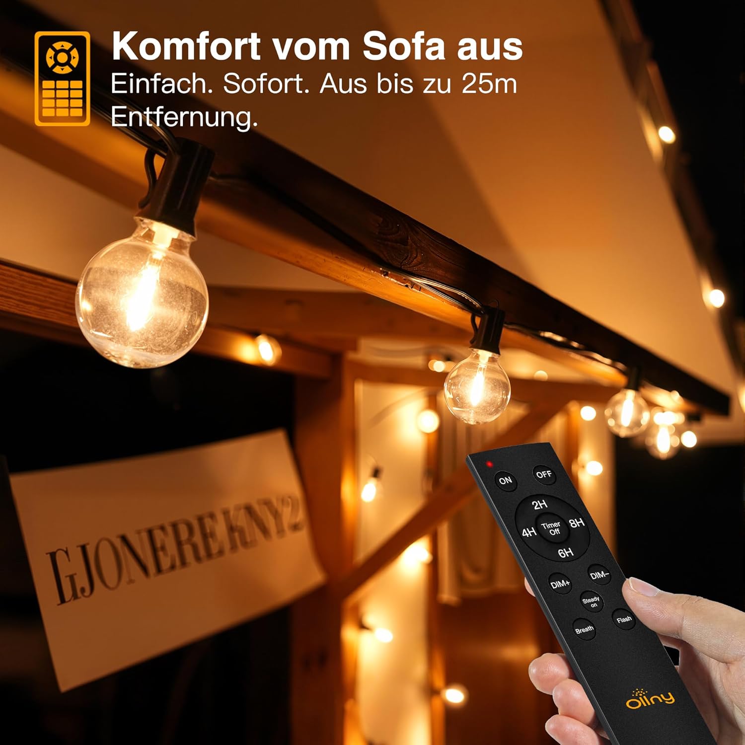 Ollny G40 Lichterkette für den Außenbereich, 10 m (15+1 Glühbirnen, verbindbar, IP45 wasserdicht, 2700 K)