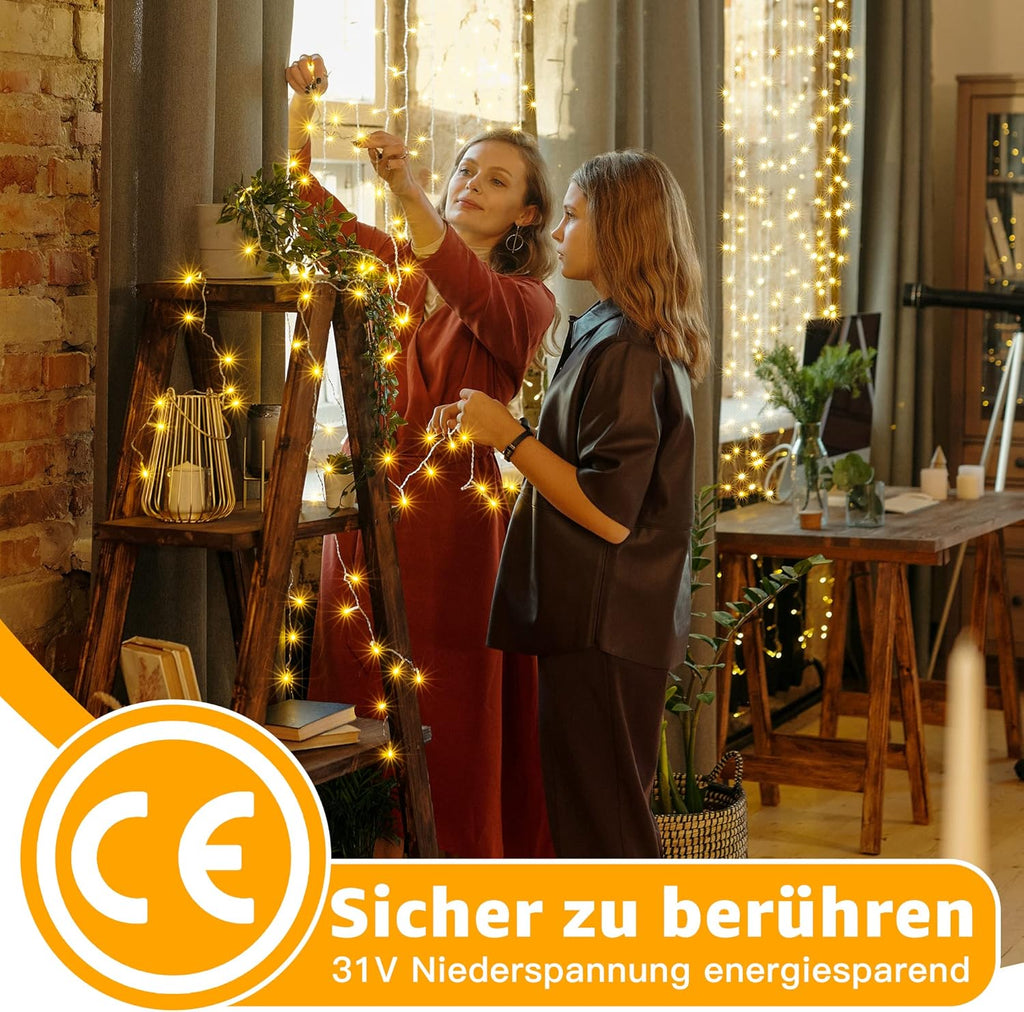Ollny 500 LED 50m Warmweiße Lichterkette für Weihnachten (Transparentes Kabel, Steckeranschluss, 8 Modi)
