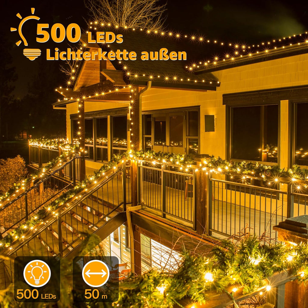 Ollny 500 LED 50m Warmweiße Lichterkette für Weihnachten (Transparentes Kabel, Steckeranschluss, 8 Modi)
