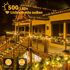 Ollny 500 LED 50m Warmweiße Lichterkette für Weihnachten (Transparentes Kabel, Steckeranschluss, 8 Modi)